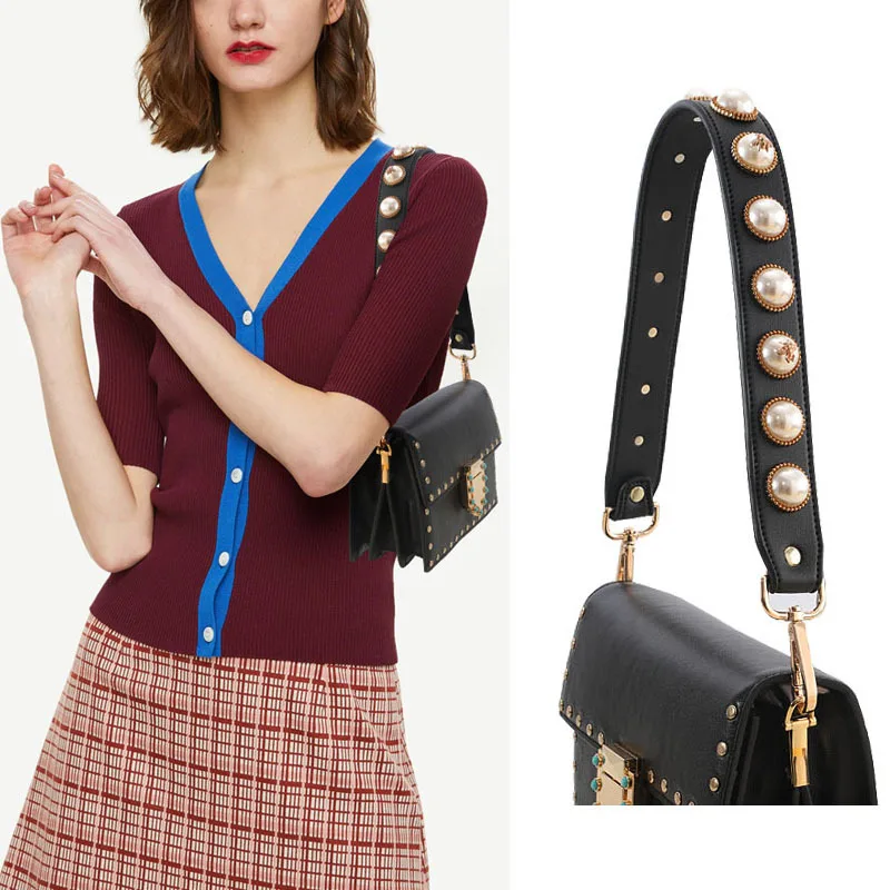 

Short PU Rivet Pearl Handbag Belt Fashion Color Flower Bag Accessories Ornament Leather Wide Bee Flower Pearl Shoulder Bag Strap