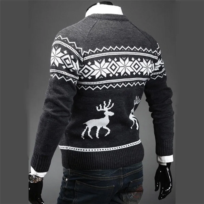 Мужской Повседневный свитер с круглым вырезом и принтом оленя, осенне-зимний Рождественский пуловер, вязаный джемпер, свитера, облегающая мужская одежда