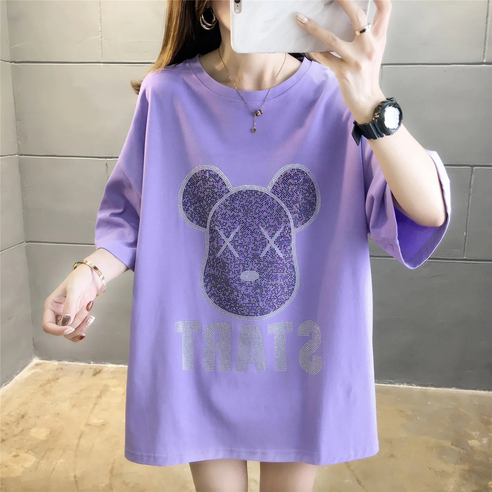 

Make new cotton long sleeve T-shirt in the han edition set auger female loose big yards dress
