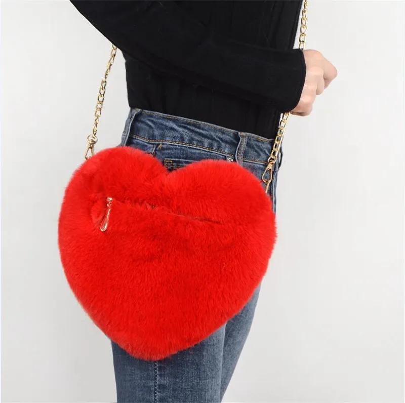 Пушистая сумка через плечо в форме сердца, одноцветная Массажная сумка на плечо со съемной цепочкой для женщин и девочек, плюшевый Кошелек
