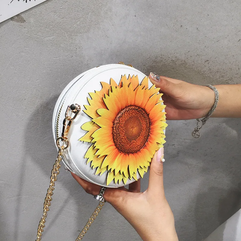 Yellow White Sunflower Pattern Pu Leather Crossbody Bags Women 2019 Round Chain Purses Handbags Travel Messenger Bag Clutche |