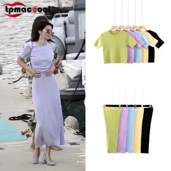 

Tpmaccool 2020 Celebrity Inspired Spring Summer 2 piece set Women Set Knitted tshirt Small round Neck T-shirt + Pit Hip Skirt