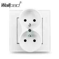 European Style Double French Socket, 16A, Wallpad White with Claws - White Glass
