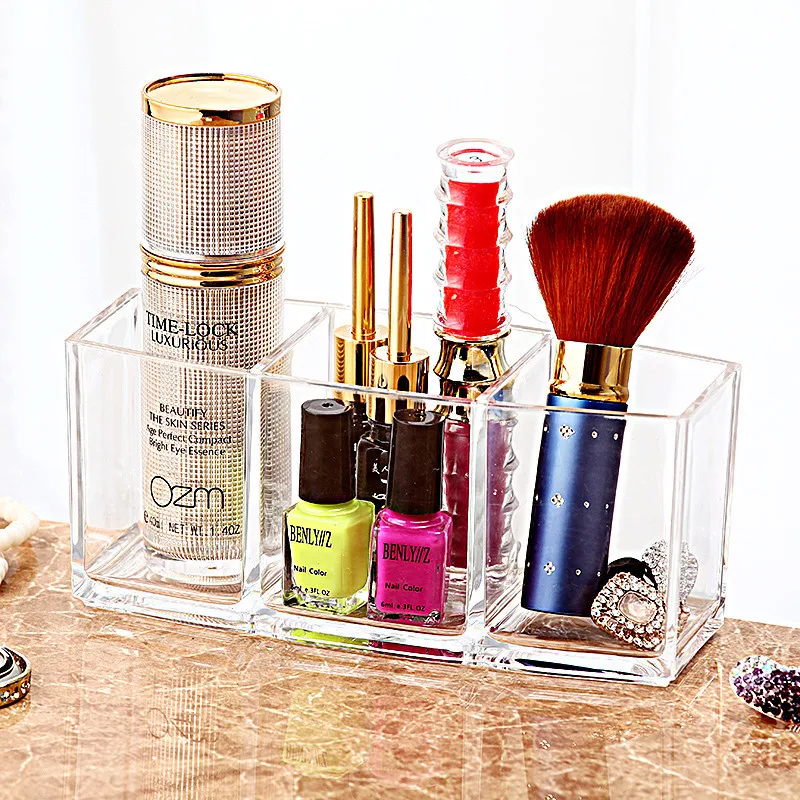 

3 Grids Clear Acrylic Makeup Organizer Cosmetic Holder Makeup Tools Storage Box Brushes Eyebrow Pencils Keychains Accessory Case