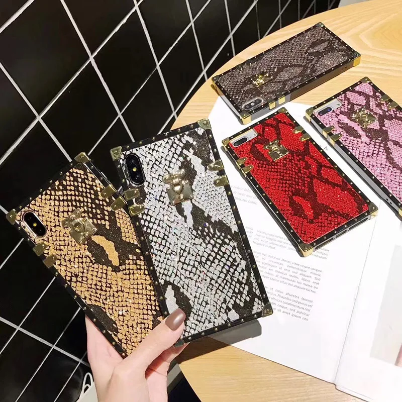 

Luxury square snake skin glitter soft silicon phone case for iphone 6 6S plus 7 7plus 8 8plus X XR XS Max Shining cover coque