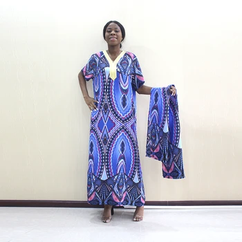 

2019 Newest Arrival Fashion Design African Dashiki Blue Pattern Printed Pure Cotton Appliques Elegant African Dresses With Scarf