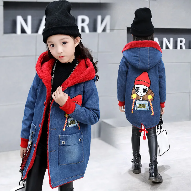 

Girls plus Velvet Trench Coat 2018 Winter Style Children Big Boy Thick plus Velvet Jeans Coat Wechat Business