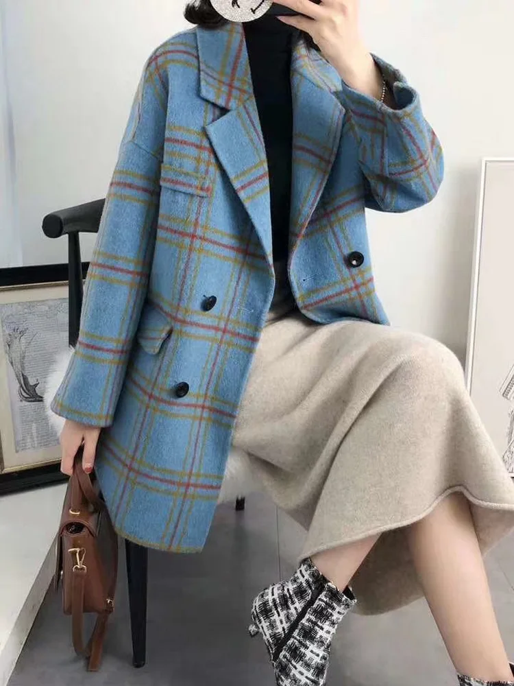 Shuchan клетчатое женское Короткое шерстяное пальто с отложным воротником с широкой талией в стиле ретро Женская одежда осень-зима синяя верхняя одежда