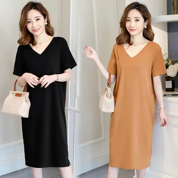 

958# V neck Bandage Cotton Modal Maternity Casual Dress Summer Straight Loose Clothes for Pregnant Women Pregnancy Clothing