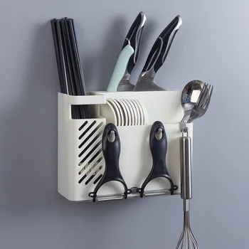 

Plastic Storage Rack Spoon Chopsticks Draining Storage Rack Wall Mounted Tray with Hook Storage Box Kitchen Tableware Organizer