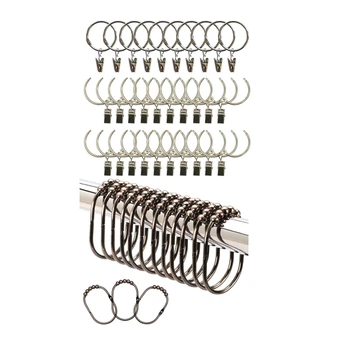 

12 Rings Shower Curtain Rings/Hooks Set & 30 Pack Curtain Clips with Rings Metal Rustproof Drapery Rod Rings Hooks