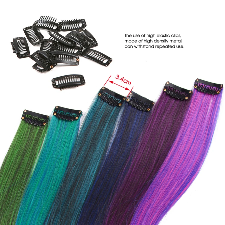 2" Длинные прямые накладные волосы на заколках для наращивания, радужные цельные цветные полоски, заколки для волос для женщин