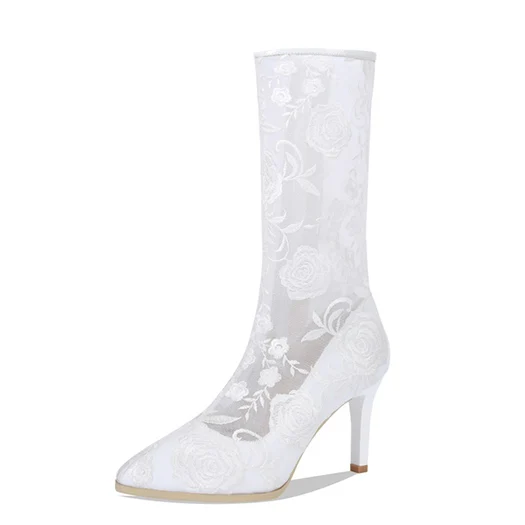 Белый summer mesh high heel white thin brand women lace stiletto pointed toe embroidery shoes sandals embroidered black side zip boots - Цвет: Белый