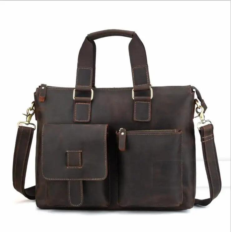 Мужской портфель, сумка из натуральной коровьей кожи, 15 дюймов, для ноутбука, бизнес-сумки, Crazy horse, кожаная большая сумка-мессенджер, мужская сумка, портфель - Цвет: Dark Brown 2