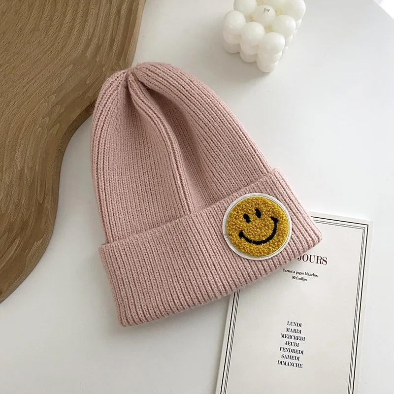 Winter Women Ladies Cute Casual  Smile Patch Knit hat Skullies Thick warm Beanie cap Bonnet Homme Gorras