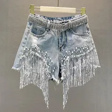 Short en jean Style européen pour femme, pantalon assorti à tout, en Denim, perles de diamant, paillettes, pampilles, à la mode, collection été 2021, en stock 