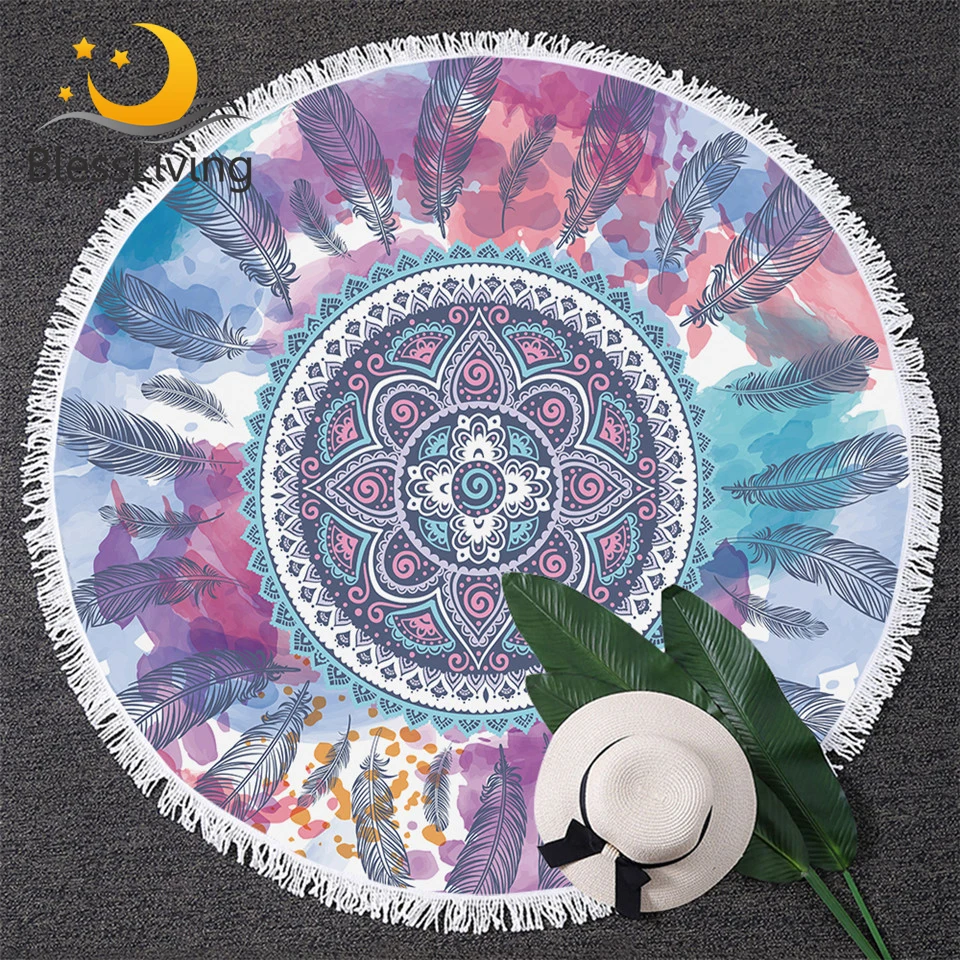BlessLiving Pink and Aqua Round Beach Towel Roundie Mandala Feather