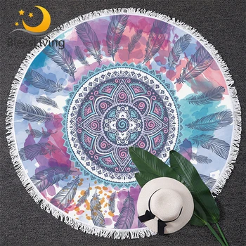

BlessLiving Pink and Aqua Round Beach Towel Roundie Mandala Feather Hippie Circle Yoga Mat Watercolor Floral Bohemian Bath Towel