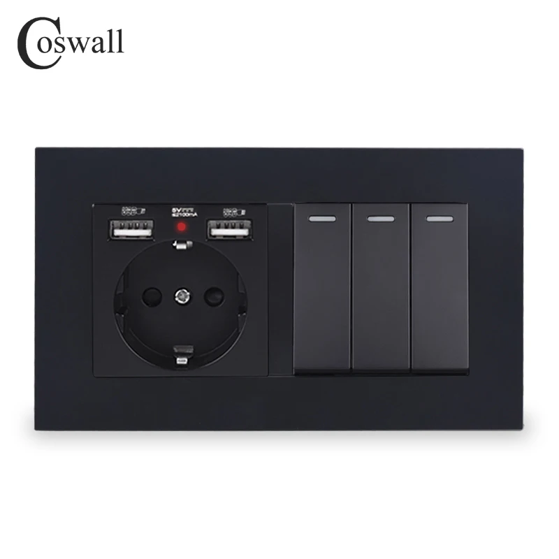 COSWALL Европейская стандартная настенная розетка с заземлением с 2 USB зарядным портом скрытый мягкий светодиодный+ 3 банды 1 способ включения/выключения выключателя света панель ПК