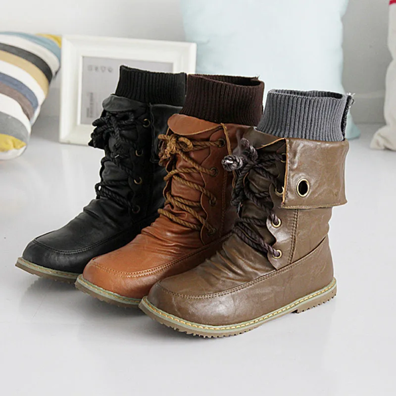 

Classics Cross-Tied Mid-Calf Boots Solid Leisure Comfortable Martin Boots Fashion PU Round Toe Shoes Women Sapatos Das Mulheres