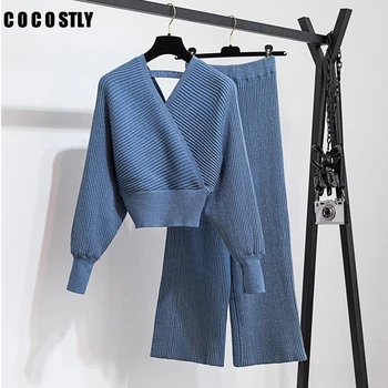

Winter Two Piece Set Women Knitted Warm Suit V Collar Sweater+Long Pants Knit matching sets Tracksuit Sweatsuits Sets Outfits