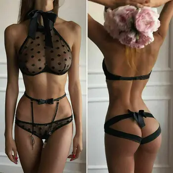 

Fashion Women Sexy/Sissy Mesh Dot Bra Set Lingerie See Through Push Up Sleepwear Suits