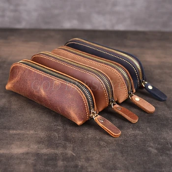 Handmade Genuine Leather Pencil Bag Vintage Retro Style Cowhide Zipper Pen Case School Bag Office Stationery Drop Shipping 1