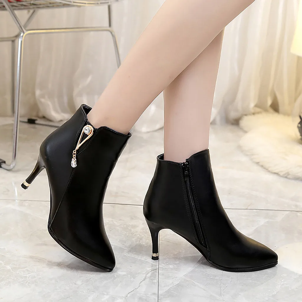 

2019 Crystal Thin High Heel Boots Women Shoes Pu Leather Ankle Boots For Women Pointed Toe Short Boots Botas Mujer