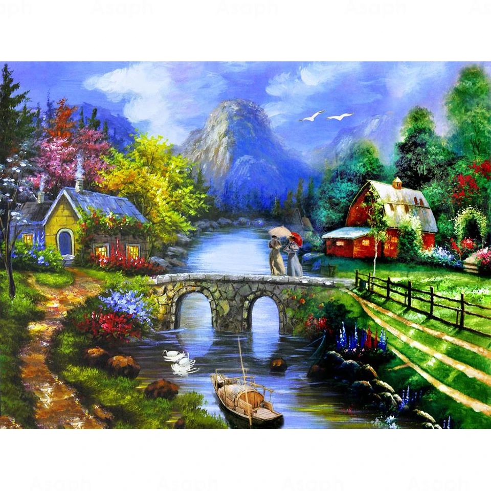 Nature Scenery Village Landscape 5D Diy Full Square and Round Diamond Painting Embroidery Cross Stitch Kit Wall Art Home Decor