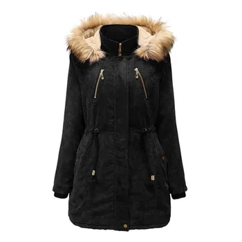 

2019 Women Cashmere Corduroy Overcoats with Caps Ladies Winter Quilted Coat Thicker Thermal Coats Long Velvet Fur Collar Parkas