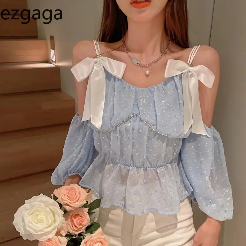 Женские повседневные укороченные топы Ezgaga блузка с открытыми плечами и бантом