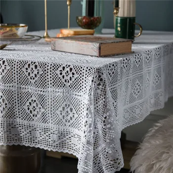 

American Country Knitted White Crochet Tablecloth Hollow Hemp Cotton Coffee Table Dining Cover Towel