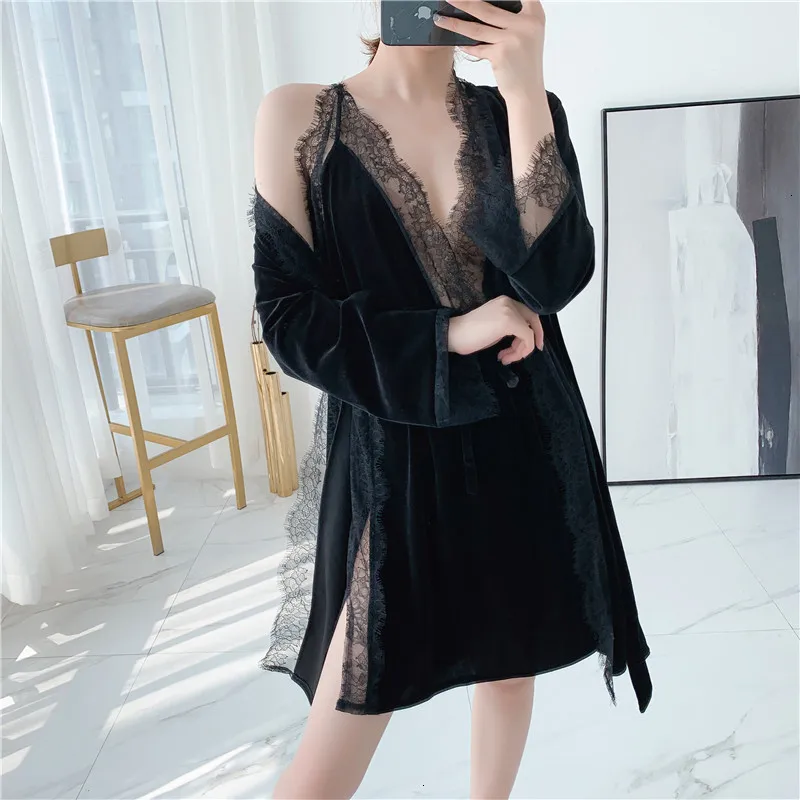 Winter New 2 Pcs Gold Velvet Robe Set Keep Warm Thicken Woman Spaghetti Strap Robe Twinset Bathrobe