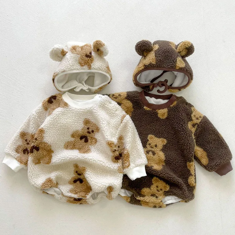 

LZH Baby Clothes New Winter Little Bear Lamb Hair Triangle Romper Infant Baby Bag Fart Romper For Kid Thicken Jumpsuit 0-3 Years