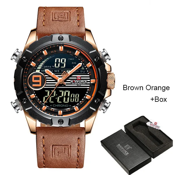 Brown Orange Box NAVIFORCE Reloj Hombre, наручные мужские часы, Лидирующий бренд, роскошные, натуральная кожа, кварцевые часы, спортивные часы, мужские Relogios Masculino - Цвет: Brown Orange Box