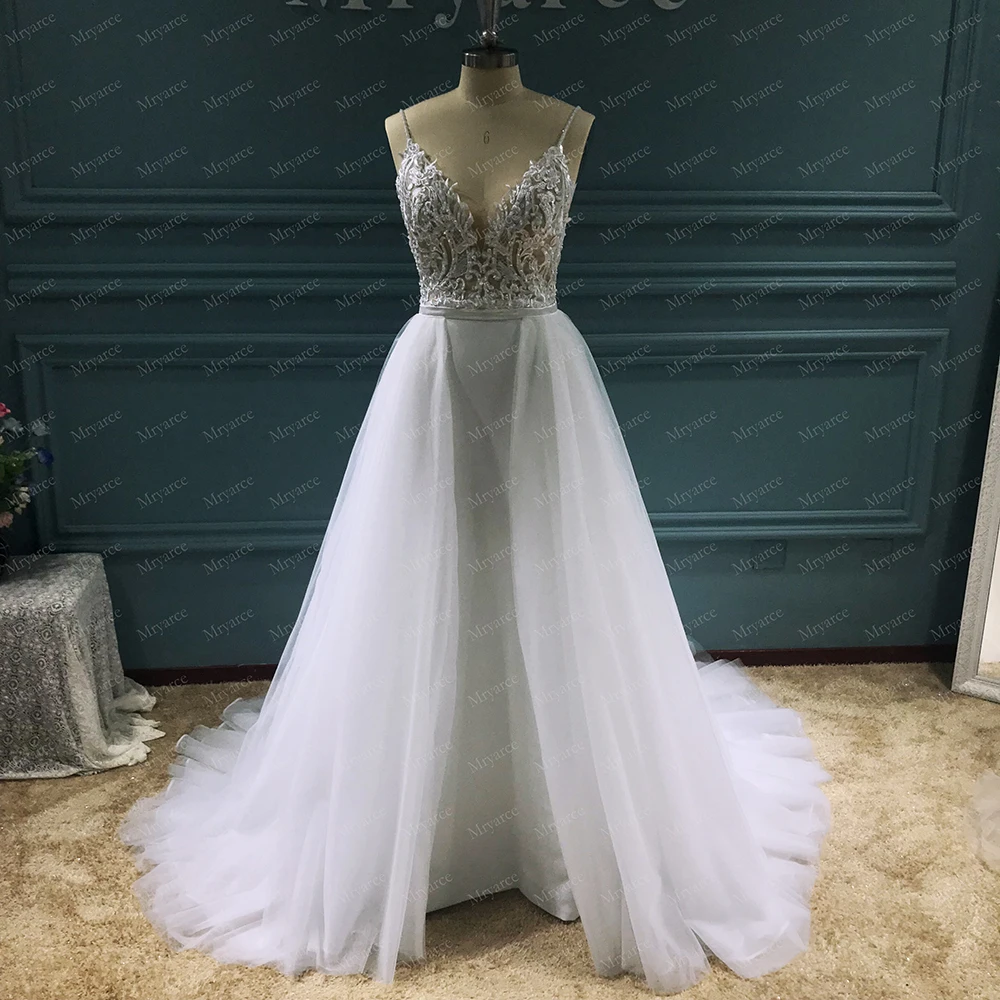 Mryarce Unique Bridal Lace Beading Open Back Overskirt Wedding Dresses Sienna Crepe Mermaid Gown With Detachable Train wedding gown Wedding Dresses