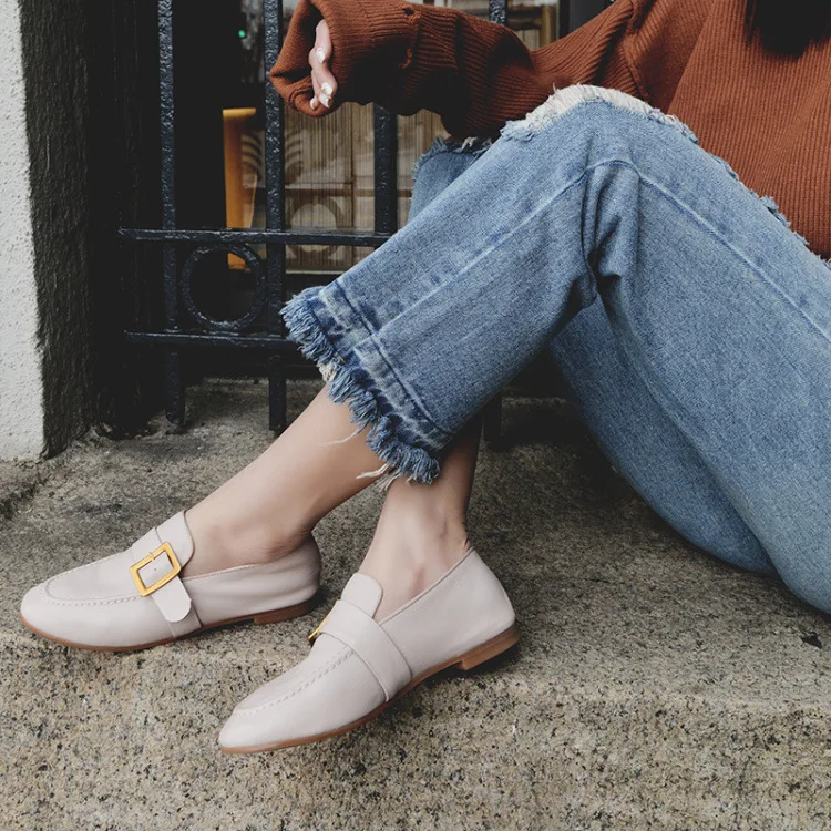 

2018 New Soft-Sole Soft Surface Cowhide Flat Shoes Anti-slip WOMEN'S Shoes Genuine Leather Belt Buckle Women's Loafers Slip-on S