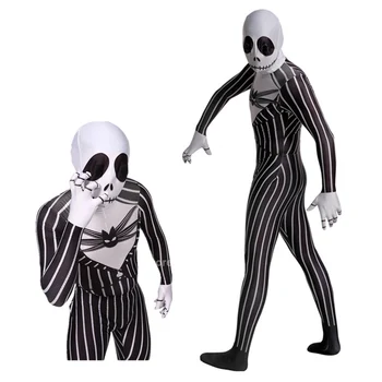 

Halloween The Nightmare Before Christmas Jack Skellington Cosplay Costume Kids Women Men Stripe Skeleton Jumpsuit Headgear Set
