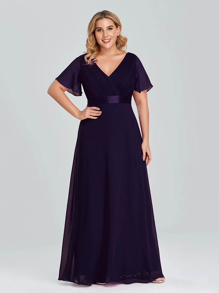 Plus Size Evening Dresses Long XUCTHHC Elegant A Line V Neck Ruffles Chiffon Formal Wedding Party Dress Robe De Soiree 2021