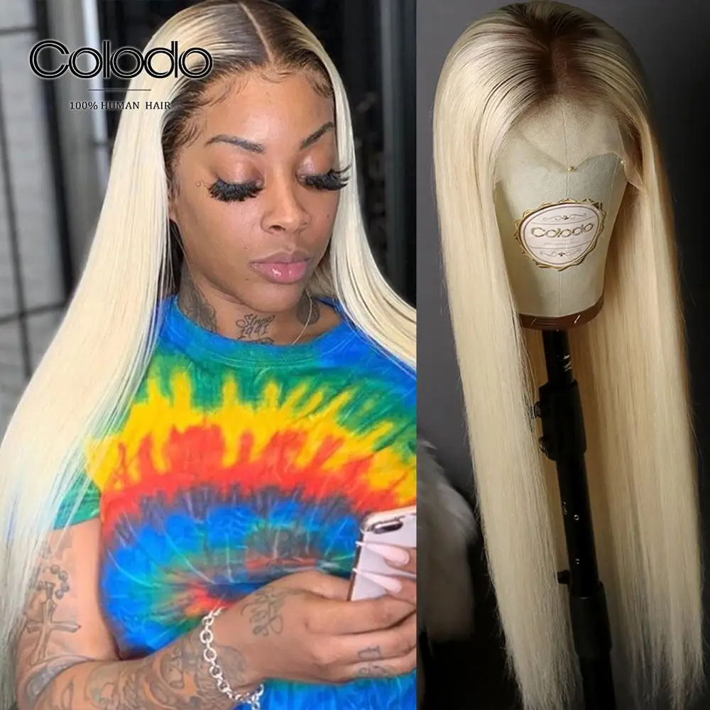 Colodo Platinum Blonde Ombre Human Hair Wig 6roots Straight Lace