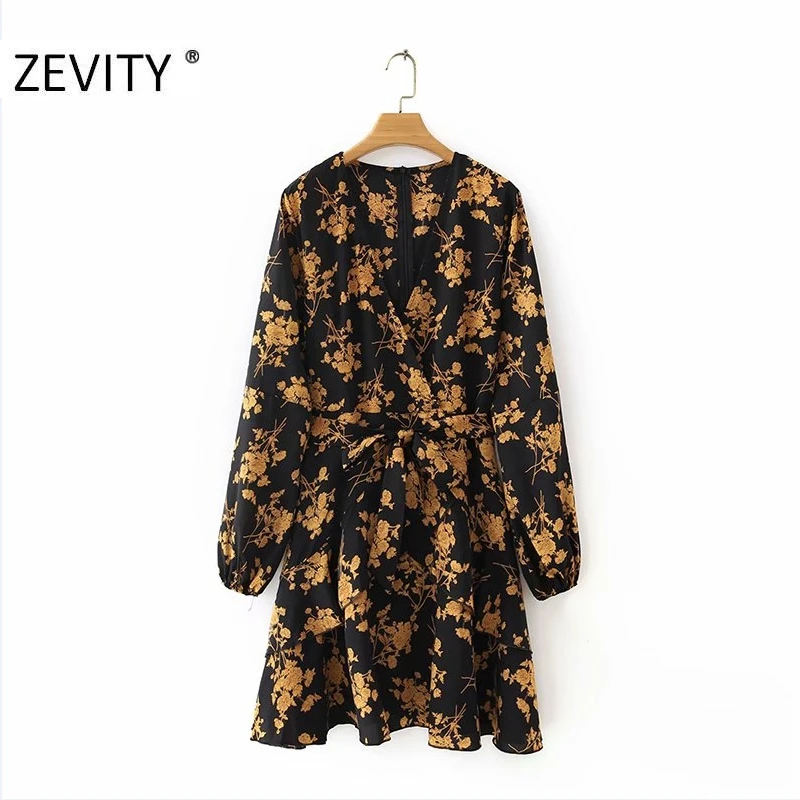 ZEVITY New Women v neck flower print bow sashes mini Dress Female long sleeve ruffles casual Vestidos Chic Party Dresses DS4233 ZEVITY New Women v neck flower print bow sashes mini Dress Female long sleeve ruffles casual Vestidos Chic Party Dresses DS4233
