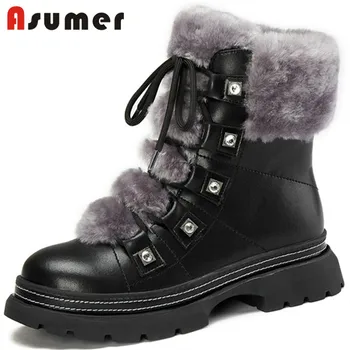 

Asumer 2020 top quality genuine leather ankle boots women winter shoes comfortable casual lace up flat snow boots woman