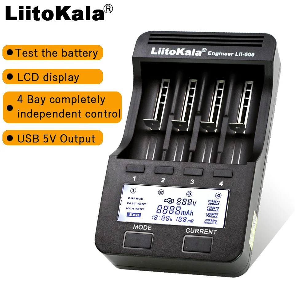 Умное устройство для зарядки никель-металлогидридных аккумуляторов от компании Liitokala: Lii500 ЖК-дисплей Батарея Зарядное устройство, Зарядка 18650 18350 18500 16340 10440 14500 26650 1,2 V AA AAA NiMH батарейка