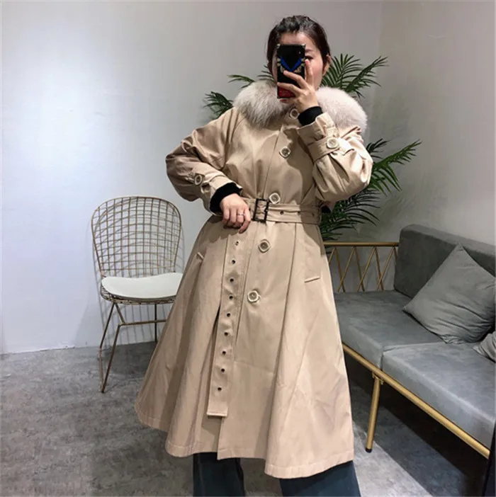 Parka Real Fur Thicken Female Real Rabbit Fur Liner Long Trench Coats Winter Jacket Women Fox Fur Collar Parkas