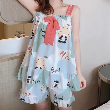 

Summer New Products Vest Spaghetti Strap Pajamas Cartoon Qmilch Bow Fresh GIRL'S Leisure Suit