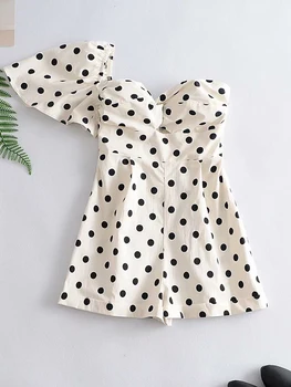 

BIAORUINA Women's Cotton Polka Dot Printed Hollow Out Off One Shoulder Fashion Playsuit Sexy High Waist Beach Style Rompers