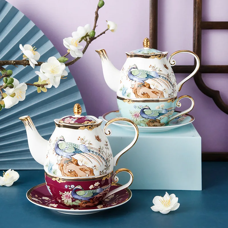 British light luxury ceramic teapot afternoon scented tea pot with flower and bird single pot cup and saucer gift box set