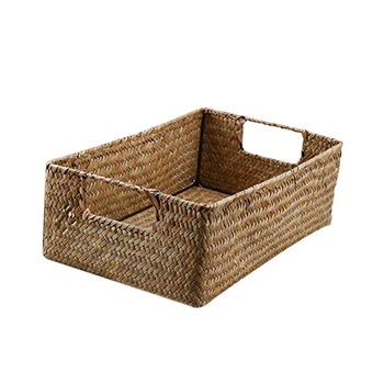 

Retro Hand-woven Seaweed Storage Basket Household Rectangular Sundries Organizer Storage Box for Home Clothes