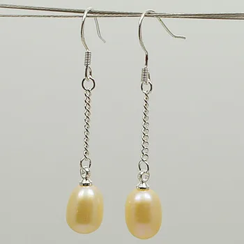 

Real pearl jewellery,7-8mm pink rice freshwater pearl earrings 925 sterling silver chain dangle earring wedding birthday gift