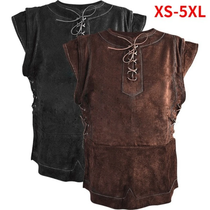 Men's Vintage Medieval Warrior Suede Jerkin Sleeveless Retro Lace Up Waistcoat Knight Cosplay Suede Leather Armor Pirate Tunic unique flint grinding wheel cigarette lighter retro windproof flame kerosene lighters oil gasoline flip armor brass lighter